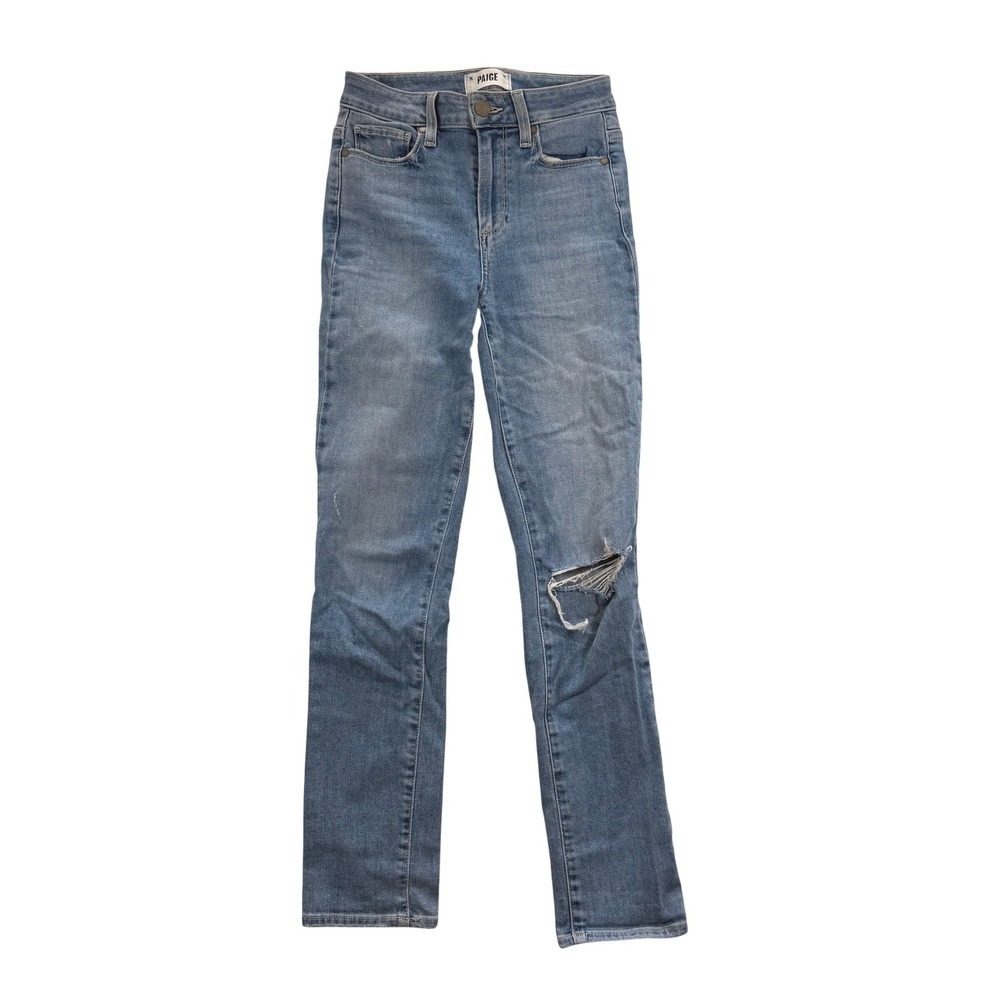 PAIGE High Rise Skinny Jeans Medium Wash Distressed Knee Blue Denim Women 24